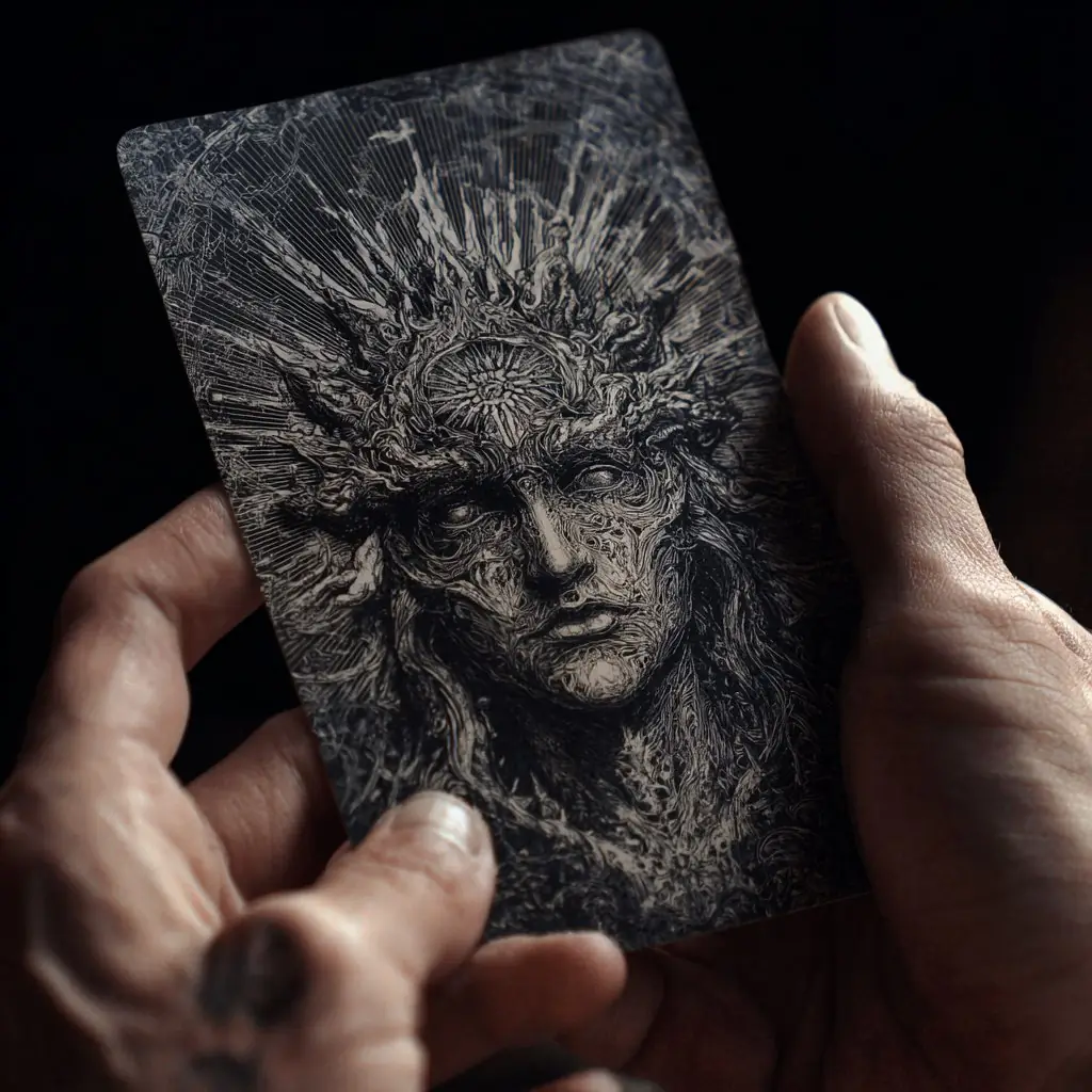 Carta de tarot oscura sostenida en manos con rostro grabado
