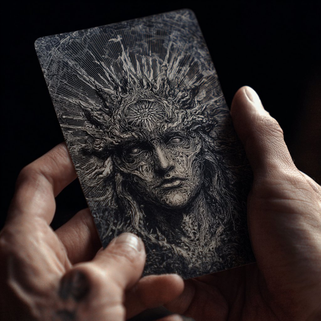 Carta de tarot oscura sostenida en manos con rostro grabado