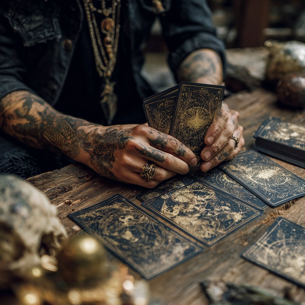 Manos tatuadas sosteniendo cartas de tarot negras y doradas