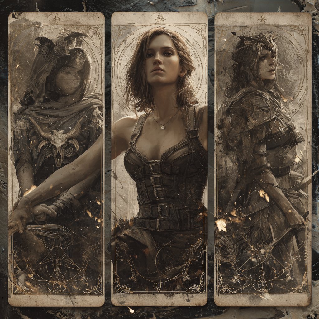 Tres cartas de arcanos mayores con figuras femeninas guerreras