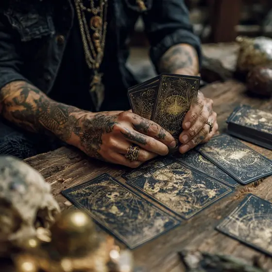 Manos tatuadas sosteniendo cartas de tarot negras y doradas