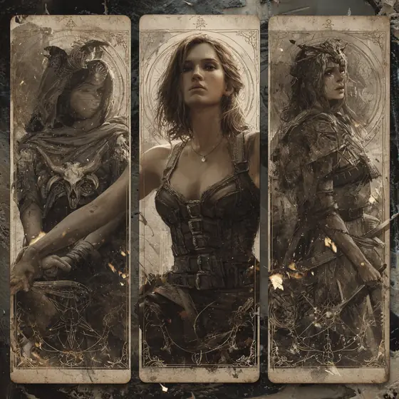 Tres cartas de arcanos mayores con figuras femeninas guerreras